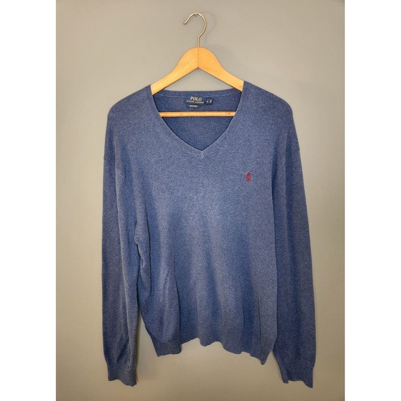 Polo Ralph Lauren Sweater Men's L V-Neck Pima Cotton Blue Knit Pullover Red Pony - Picture 2 of 7